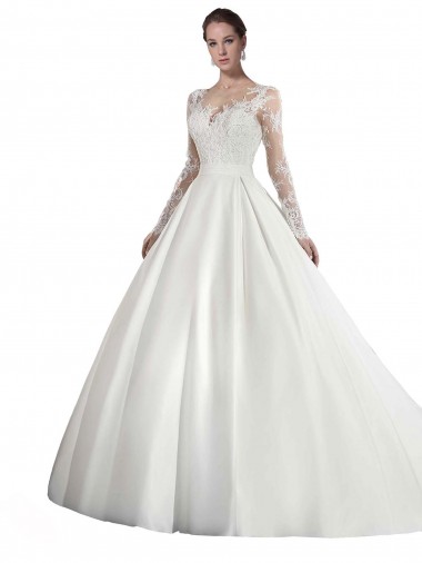 Cheap Long Sleeves Illusion Neck A-Line Satin Wedding Dress with Lace Bodice Toronto