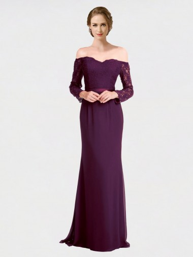 Cheap Full Length Long Bridesmaid Dress with Lace Off The Shoulder Bodice Toronto