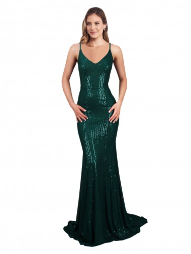 Cheap Fishtail Shaped V-Neck Open Back Long Formal Sequin Bridesmaid Dress / Prom Dress Toronto