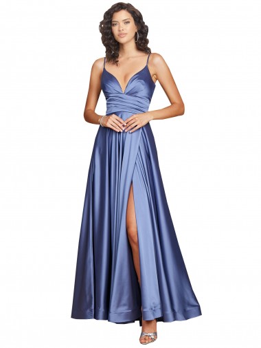 Cheap Deep V-Neck Sweetheart Long Formal Silky Satin Bridesmaid Dress / Prom Dress with Thigh High Slit Toronto