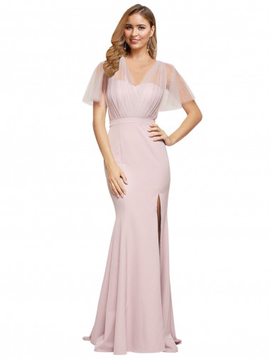 Cheap Crepe Long Sweetheart Neckline Formal Bridesmaid Dress / Prom Dress with Tulle Overlay Shoulders Toronto