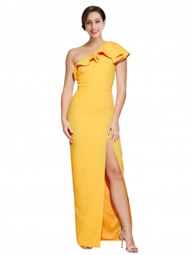 Cheap One Shoulder Floor Length Formal Crepe Bridesmaid Dress / Prom Dress with Thigh High Split Toronto