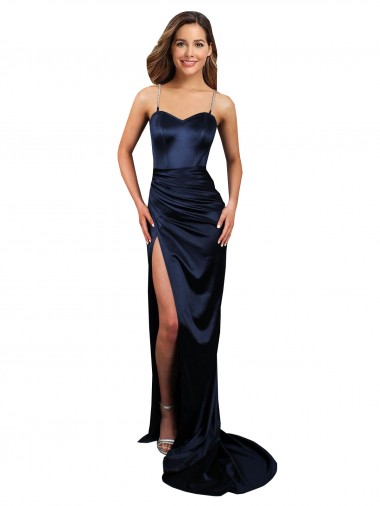 Cheap Pleated Sash Skirt Long Formal Stretch Satin Bridesmaid Dress / Prom Dress with High Slit Toronto