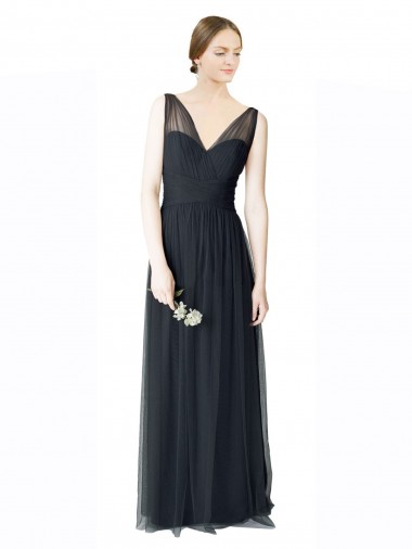 Cheap Long Tulle Bridesmaid Dress with Illusion Shoulder Straps and V-Back Toronto