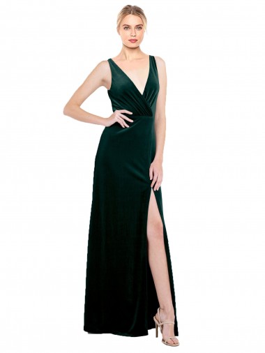Cheap Sleek V-Neck Long Formal Velvet Bridesmaid Dress / Prom Dress with Side Slit Toronto