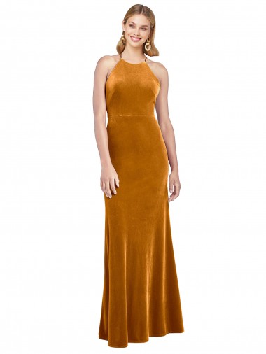 Cheap Halter Neckline Long Full Length Formal Velvet Bridesmaid Dress / Prom Dress with Strappy Back Toronto